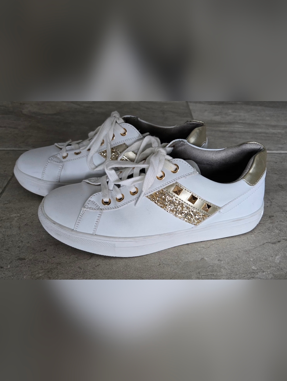 Steve Madden White Sneakers with Gold Glitter and Studs